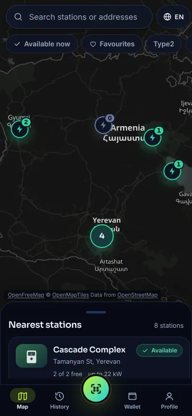 EV Armenia app: map of charging stations in Armenia