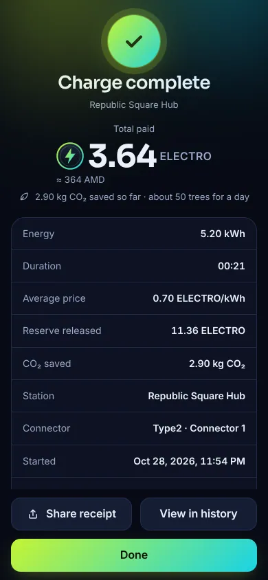 EV Armenia app: receipt after a finished charge
