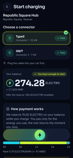 EV Armenia app: price and prepaid amount shown before starting a charge