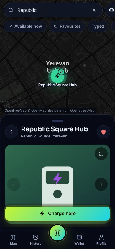 EV Armenia app: station page with the Charge here button